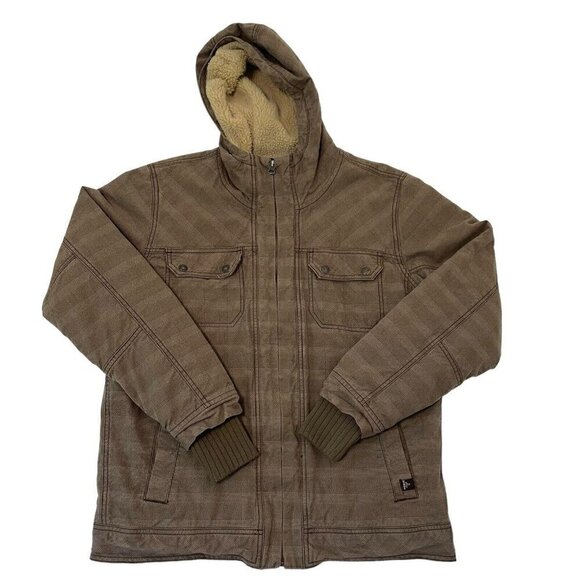 prAna Canvas Sherpa Hooded Jacket Coat Mud Plaid Outdoor Gorpcore size Medium - Picture 1 of 10